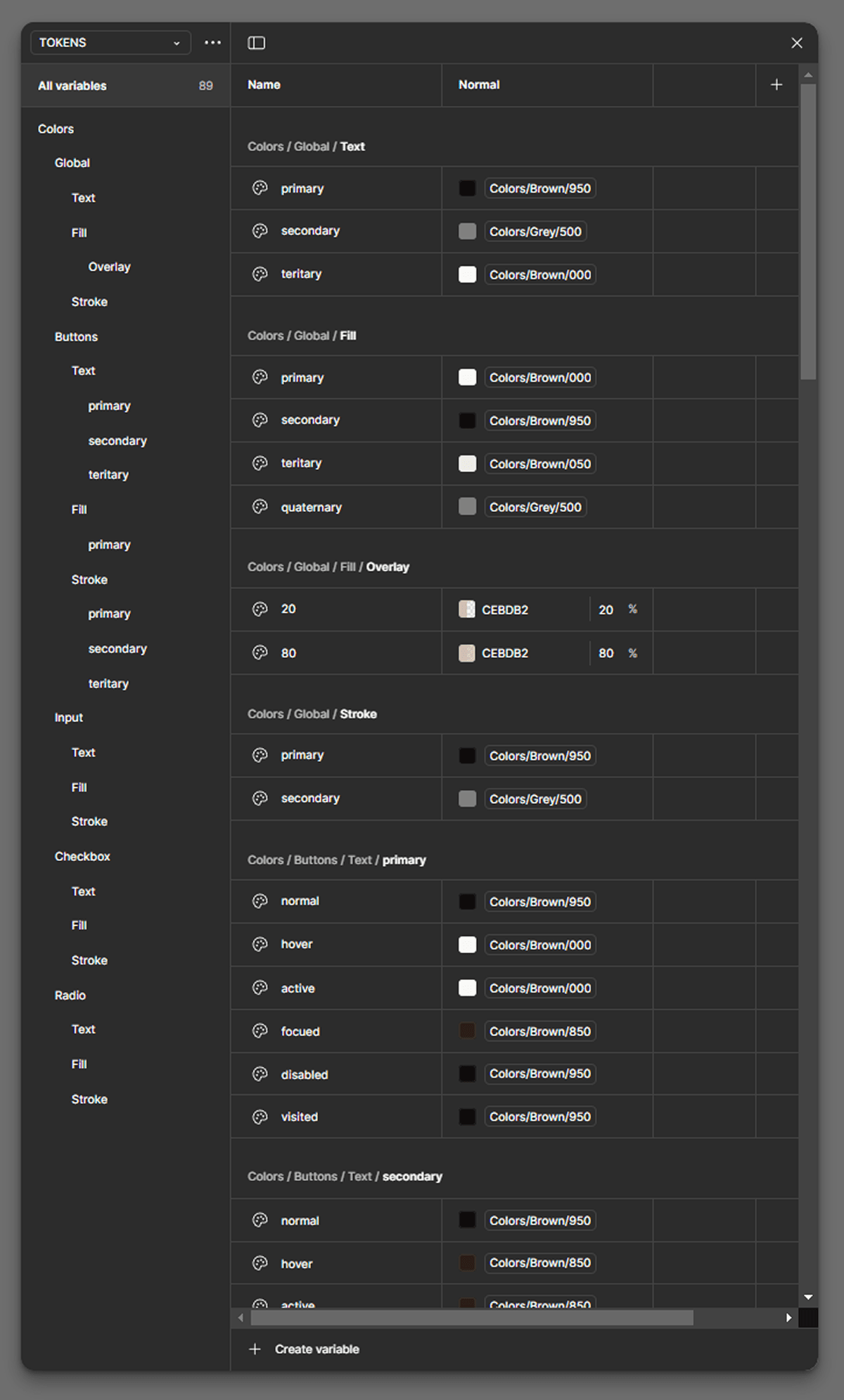 Screenshot of variables system